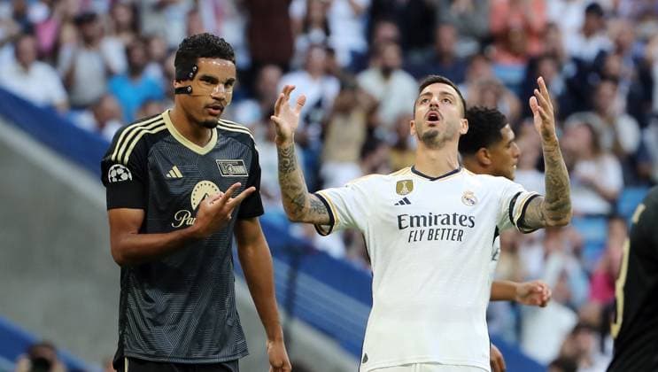 Danilho Doekhi, Joselu disappointed after missed scoring chance disappointment Sports Football Soccer UEFA Champions League UCL Mens 1 Matchday Season 2023 2024 20 09 2023 Real Madrid vs 1 FC Union Berlin FCU Estadio Bernabeu DFL regulations prohibit any use of photographs as image sequences and or quasi video