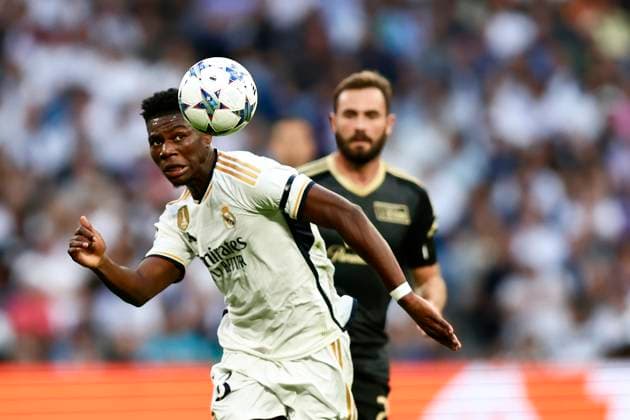 Aurelien Tchouameni of Real Madrid Cf heads the ball during the Champions Leage match between Real Madrid Cf and Union Berlin at Santiago Bernabeu Stadium, in Madrid, Spain, on September 20, 2023. ( Photo by Alvaro Medranda Panoramic ) FOOTBALL : Real Madrid vs Union Berlin - UEFA Ligue des Champions - 20 09 2023 AlvaroMedranda Panoramic 