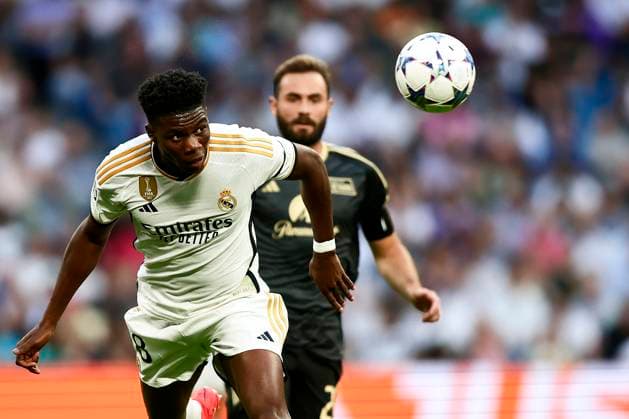 Aurelien Tchouameni of Real Madrid Cf heads the ball during the Champions Leage match between Real Madrid Cf and Union Berlin at Santiago Bernabeu Stadium, in Madrid, Spain, on September 20, 2023. ( Photo by Alvaro Medranda Panoramic ) FOOTBALL : Real Madrid vs Union Berlin - UEFA Ligue des Champions - 20 09 2023 AlvaroMedranda Panoramic 