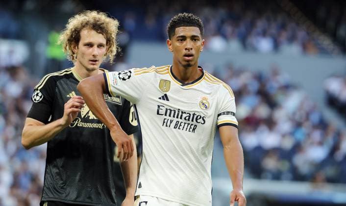 Alex Kral, Jude Bellingham duel match scene action sports soccer soccer UEFA Champions League UCL men 1 matchday season 2023 2024 20 09 2023 Real Madrid vs 1 FC Union Berlin FCU Estadio Bernabeu DFL regulations prohibit any use of photographs as image sequences and or quasi video