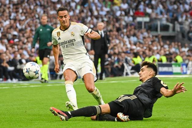 Football, men, season 2023 2024, Champions League Group C, 1 matchday , Real Madrid 1 FC Union Berlin, v l Lucas Vazquez Real Madrid and Diogo Leite 1 FC Union Berlin in duel, battle for the ball, 20 09 2023, Copyright: xMatthiasxKochx