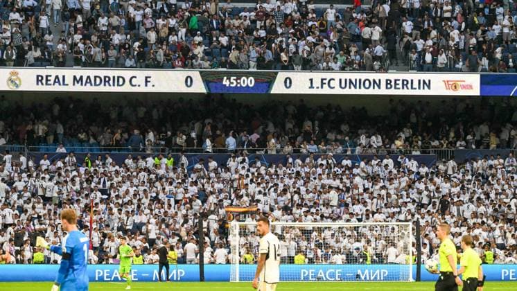 Football, men, 2023 2024 season, Champions League Group C, Matchday 1 , Real Madrid 1 FC Union Berlin, v l scoreboard with the half-time score 0 0, 20 09 2023, Copyright: xMatthiasxKochx