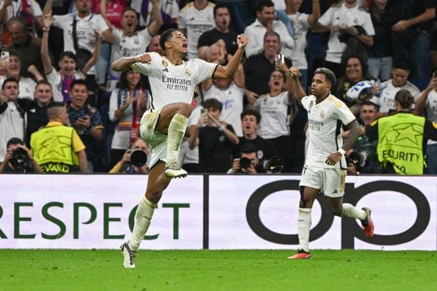 Football, Men, 2023 2024 season, Champions League Group C, Matchday 1 , Real Madrid 1 FC Union Berlin, v l Jude Bellingham Real Madrid goal celebration, cheers after scoring 1 0, 20 09 2023, Copyright: xMatthiasxKochx