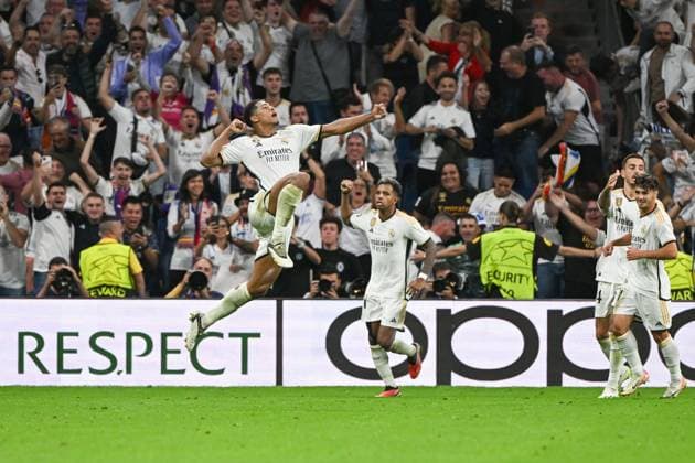 Football, Men, 2023 2024 season, Champions League Group C, Matchday 1 , Real Madrid 1 FC Union Berlin, v l Jude Bellingham Real Madrid goal celebration, cheers after scoring 1 0, 20 09 2023, Copyright: xMatthiasxKochx