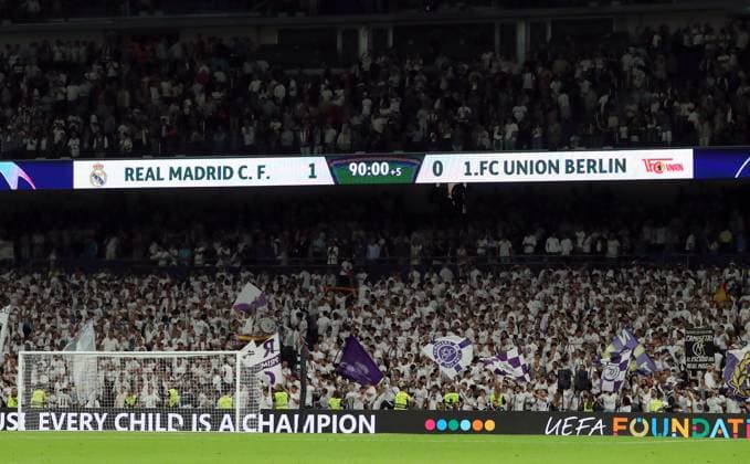 Scoreboard with final result 1 0 Sport Football Soccer UEFA Champions League UCL Men 1 Matchday Season 2023 2024 20 09 2023 Real Madrid vs 1 FC Union Berlin FCU Estadio Bernabeu DFL regulations prohibit any use of photographs as image sequences and or quasi video