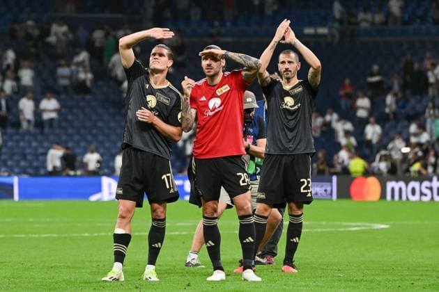 Football, men, season 2023 2024, Champions League Group C, 1 matchday , Real Madrid 1 FC Union Berlin, v l Kevin Behrens 1 FC Union Berlin , Christopher Trimmel 1 FC Union Berlin and Leonardo Bonucci 1 FC Union Berlin , 20 09 2023, Copyright: xMatthiasxKochx