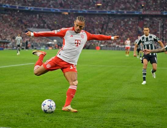 20 09 2023, Football UEFA Championsleague 2023 2024 1 matchday preliminary round, FC Bayern Munich Manchester United, at Allianz Arena Munich Leroy Sane Bayern Munich draws DFL and DFB regulations prohibit any use of photographs as image sequences and or quasi video