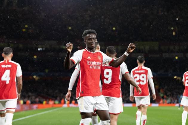 Arsenal v PSV Eindhoven Champions League 20 09 2023. GOAL 1-0 Arsenal midfielder Bukayo Saka (7) scores and celebrates during the Champions League match between Arsenal and PSV Eindhoven at the Emirates Stadium, London, England on 20 September 2023. Editorial use only , Copyright: xIanxStephenx PSI-18060-0004