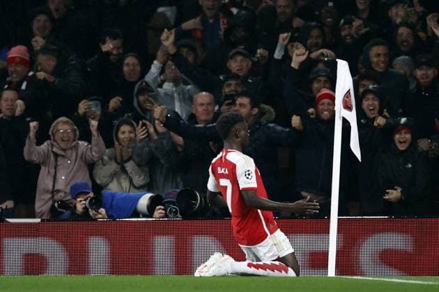LONDON - Bukayo Saka of Arsenal FC celebrates the 1-0 during the UEFA Champions League match between Arsenal FC and PSV Eindhoven at the Emirates Stadium on September 20, 2023 in London, United Kingdom. ANP MAURICE VAN STEEN Group B - UEFA Champions League 2023 2024 xVIxANPxSportx xxANPxIVx 478800040 originalFilename: 478800040.jpg