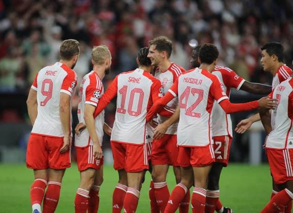 Munich, Germany 20 September 2023 Football, Men, Champions League, Matchday 1, Season 2023 2024, FC Bayern Munich Manchester United, Allianz Arena 1 0 by Leroy Sane FC Bayern Munich , goal, cheer