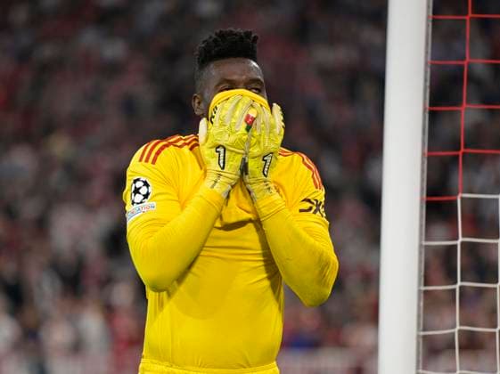 20 09 2023, Football UEFA Championsleague 2023 2024 1 matchday preliminary round, FC Bayern Munich Manchester United, at Allianz Arena Munich goalkeeper Andre Onana Manchester United angry DFL and DFB regulations prohibit any use of photographs as image sequences and or quasi video