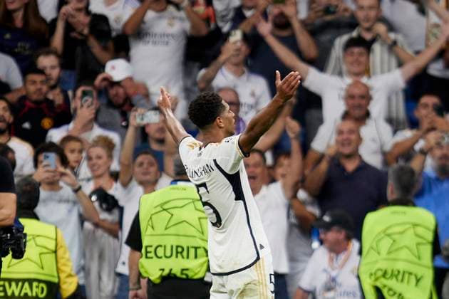 September 20, 2023, Madrid, Madrid, Spain: Jude Bellingham of Real Madrid CF celebrates after scoring a goal during the Champions League football match between Real Madrid CF and FC Union Berlin at Santiago Bernabeu Stadium in Madrid, Spain, September 20, 2023 Madrid Spain - ZUMAa206 20230920_zsp_a206_088 Copyright: xRubenxAlbarranx