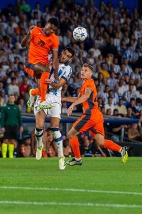 Real Sociedad vs Inter: Group D - UEFA Champions League Denzel Dumfries and Nicolo Barella of FC Internazionale Milano compete with Mikel Merino of Real Sociedad during the UEFA Champions League match between Real Sociedad and Inter at Reale Arena. Donostia (Basque Country). September 20, 2023. (Gari Garaialde Bostok Photo) Donostia Gipuzkoa Spain Editorial Use Only  Copyright: xGarikoitzxGaraialdex Bostok Photo GarixGaraialdex GG2309200086