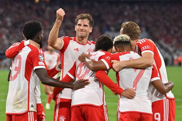 Goal celebration around Serge GNABRY FC Bayern Muenchen after goal to 2 0 with Leon GORETZKA Bayern Muenchen ö Jubel,Freude,Begeisterung, Action Football Champions League Group Phase 1 Matchday FC Bayern Muenchen Manchester United ManU on 20 09 2023, A L L I A N Z A R E N A