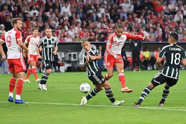 Goal Leroy SANE Bayern Muenchen to 1 0, Action,Goal shot Football Champions League Group Stage 1 Matchday FC Bayern Muenchen Manchester United ManU on 20 09 2023, A L L I A N Z A R E N A