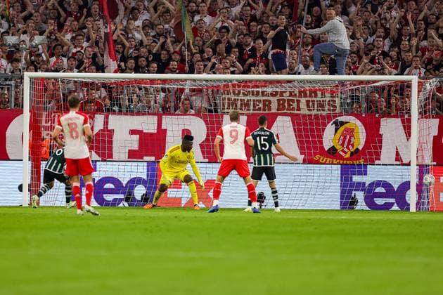 Bayern Munich v Manchester United, ManU Champions League 20 09 2023. Goal 2-0 Andre Onana (24) of Manchester United see the shot from Serge Gnabry (7) of Bayern Munich go past him during the Champions League match between Bayern Munich and Manchester United at Allianz Arena, Munich, Germany on 20 September 2023. Editorial use only , Copyright: xNigelxKeenex PSI-18044-0029