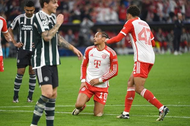 Goal celebration Leroy SANE Bayern Muenchen with Jamal MUSIALA Bayern Muenchen after goal to 1 0,Action Football Champions League Group Stage 1 Matchday FC Bayern Muenchen Manchester United ManU on 20 09 2023, A L L I A N Z A R E N A