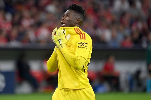 Goalkeeper Andre ONANA Manchester United , Disappointment , Frustration , Disappointed , Frustrated , Dejected , Action , Single image , Cropped single image , Half figure , Half figure , Football Champions League Group Stage 1 Matchday FC Bayern Muenchen Manchester United ManU on 20 09 2023, A L L I A N Z A R E N A