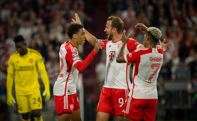 Munic, Germany 20th Sep 2023 Goal Jamal Musiala Munich , Harry Kane Munich , Serge Gnabry Munich FC Bayern Munich Manchester United 20 09 2023