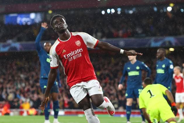 Arsenal v PSV Eindhoven 20 September 2023, London Champions™s League Fußball, Gruppenphase Arsenal v PSV Eindhoven Bukayo Saka von Arsenal feiert sein erstes Tor Foto Charlotte Wilson Offside London UK  Copyright: xCharlottexWilsonx xOffsidexOffside