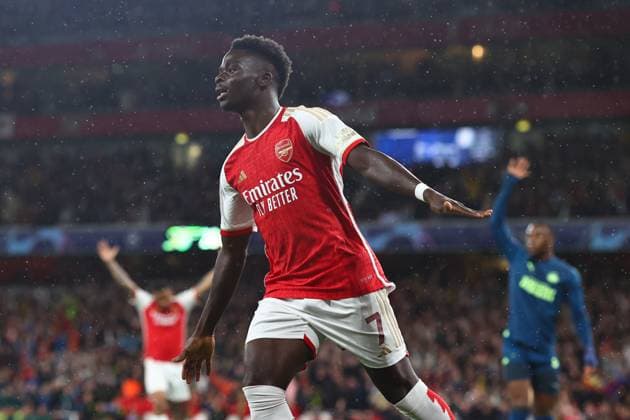 Arsenal v PSV Eindhoven 20 September 2023, London Champions™s League Fußball, Gruppenphase Arsenal v PSV Eindhoven Bukayo Saka von Arsenal feiert sein erstes Tor Foto Charlotte Wilson Offside London UK  Copyright: xCharlottexWilsonx xOffsidexOffside