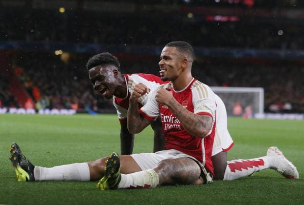 Sport Bilder des Tages Arsenal v PSV Eindhoven, UEFA Champions League, Group B, Emirates Stadium, London, UK. - 20th September 2023. GOAL 3-0, Gabriel Jesus of Arsenal goal celebration with Bukayo Saka of Arsenal. - Arsenal v PSV Eindhoven, UEFA Champions League, Group B, Emirates Stadium, London, UK. - 20th September 2023. London Emirates Stadium UK Copyright: xDanxWeirx CP_Arsenal_PSV_07