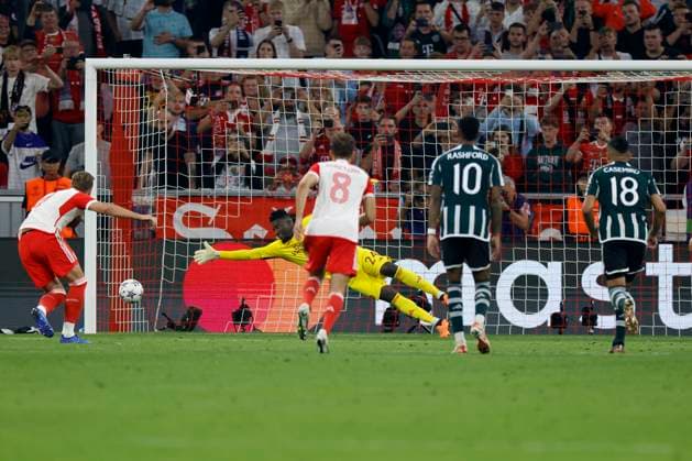 Harry Kane FC Bayern Muenchen, 9 l Goal scored, scores the goal to 3 1, celebrate the goal, per penalty kick, penalty kick, penalty, penalty kick, football, Uefa Champions League, Bayern Munich Manchester United on 20 9 2023 in Munich Allianz Arena DFL REGULATIONS PROHIBIT ANY USE OF PHOTOGRAPHS AS IMAGE SEQUENCES AND OR QUASI VIDEO Copyright: HMBxMedia xHeikoxBecker