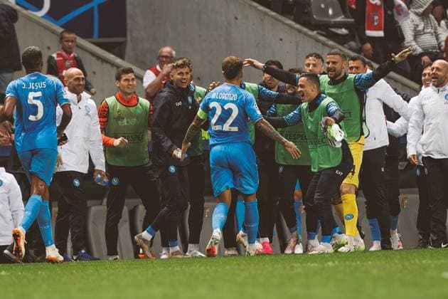 Players of Napoli celebrate a goal from Di Lorenzo during UEFA Champions League 2023 24 game between SC Braga and SSC Napoli at Estadio Municipal de Braga, Braga, Portugal. (Maciej Rogowski) Braga Estadio Municipal de Braga Portugal Copyright: xMaciejxRogowskix braga-napoli-20-09-2023-full-20