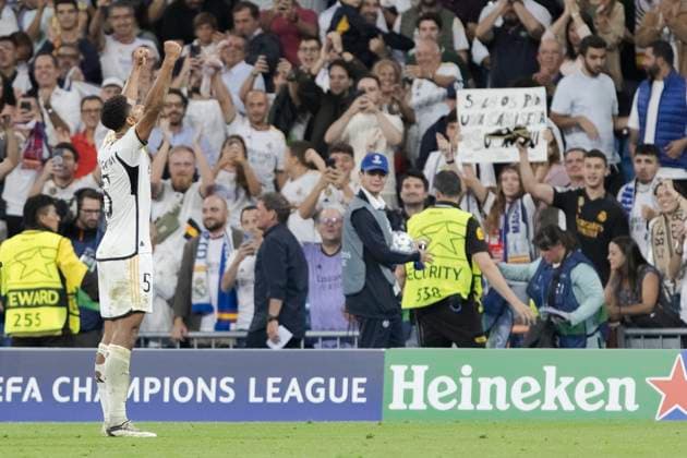 MADRID, SPAIN - SEPTEMBER 20: Jude Bellingham of Real Madrid celebrates a goal during the UEFA CHAMPIONS LEAGUE 2023 24 match between Real Madrid and Union Berlin at Santiago Bernabeu Stadium. ONLYxEDITORIALxUSAGE  (229879472)
