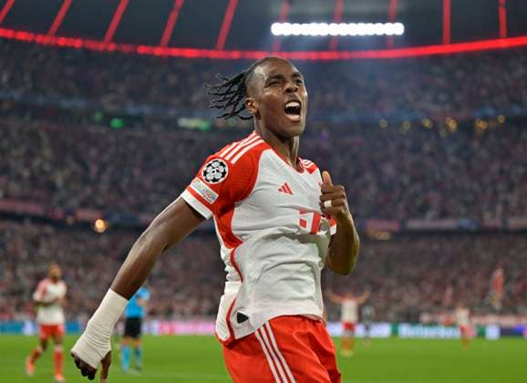 20 09 2023, Football UEFA Championsleague 2023 2024 1 matchday preliminary round, FC Bayern Munich Manchester United, at Allianz Arena Munich Mathys Tel Bayern Munich goal celebration DFL and DFB regulations prohibit any use of photographs as image sequences and or quasi video