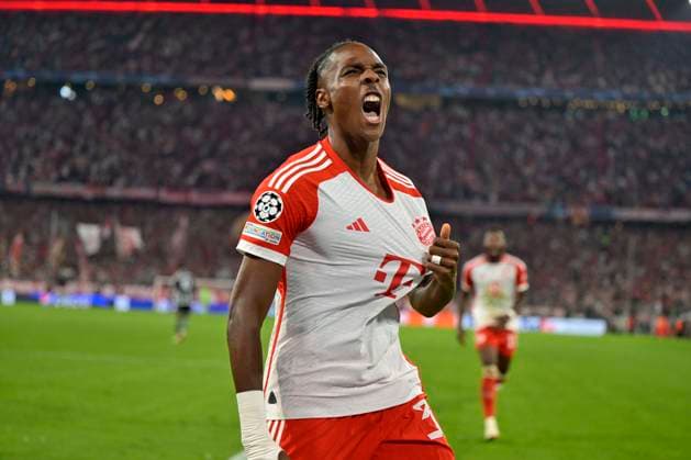 20 09 2023, Football UEFA Championsleague 2023 2024 1 matchday preliminary round, FC Bayern Munich Manchester United, at Allianz Arena Munich Mathys Tel Bayern Munich goal celebration DFL and DFB regulations prohibit any use of photographs as image sequences and or quasi video
