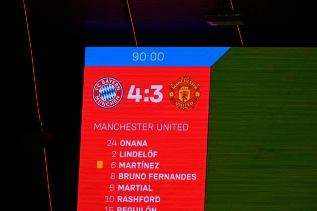 20 09 2023, Football UEFA Championsleague 2023 2024 1 matchday preliminary round, FC Bayern Munich Manchester United, at Allianz Arena Munich final score of 4 3 will be shown on the scoreboard DFL and DFB regulations prohibit any use of photographs as image sequences and or quasi video