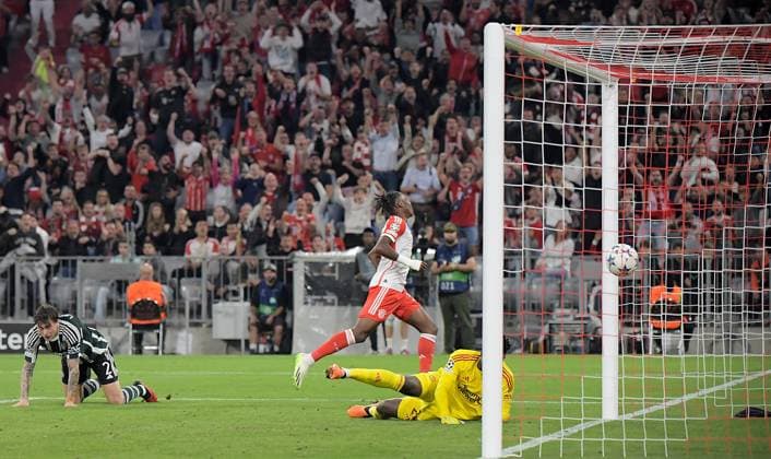 20 09 2023, xemx, football UEFA Champions League, FC Bayern Muenchen Manchester United emspor, v l Mathys Tel FC Bayern Muenchen Goal scored, scores the goal to 4 2 DFL DFB REGULATIONS PROHIBIT ANY USE OF PHOTOGRAPHS as IMAGE SEQUENCES and or QUASI VIDEO Muenchen