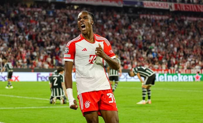 Bayern Munich v Manchester United, ManU Champions League 20 09 2023. Goal 4-2 Mathys Tel (39) of Bayern Munich scores a goal and celebrates during the Champions League match between Bayern Munich and Manchester United at Allianz Arena, Munich, Germany on 20 September 2023. Editorial use only , Copyright: xNigelxKeenex PSI-18044-0060