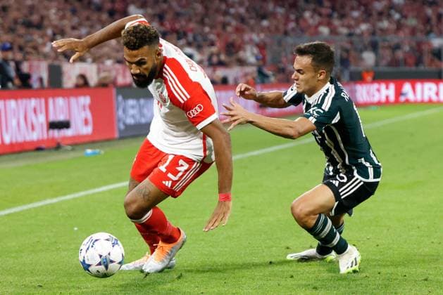 Soccer Champions League group stage 1 matchday FC Bayern Munich Manchester United on 20 09 2023 at the Allianz Arena in Munich Eric Maxim Choupo Moting Munich , left Sergio Reguilon Manchester , right xMSx