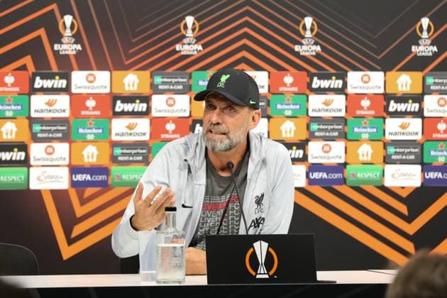 20 09 2023, Linz, AUT, On the road in Upper Austria, Liverpool, PK, Europa League, in the picture JuÌˆrgen Klopp, Juergen Klopp, coach, FC Liverpool, press conference, Raiffeisen Arena, against LASK, UEFA Europa League,
