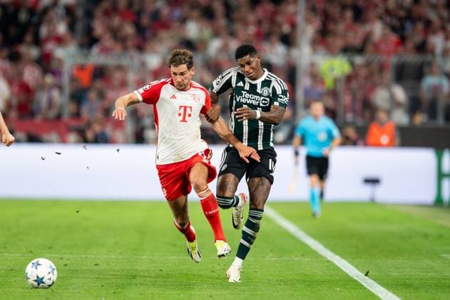 MONACHIUM 20.09.2023 MECZ FAZA GRUPOWA UEFA LIGA MISTRZOW 2023 2024 --- GROUP STAGE UEFA CHAMPIONS LEAGUE MATCH: BAYERN MUNICH - Manchester United, ManU Leon Goretzka , Marcus Rashford FOT. PAWEL LIPNICKI 400mm.pl NEWSPIX.PL --- Newspix.pl  200923Img2593