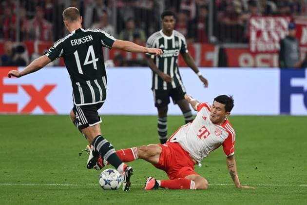 Minjae KIM FC Bayern Muenchen , action,duel against Christian ERIKSEN Manchester United Football Champions League group stage 1 matchday FC Bayern Muenchen Manchester United ManU 4 3 on 20 09 2023, A L L I A N Z A R E N A