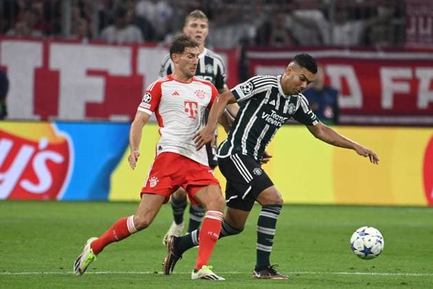 Leon GORETZKA Bayern Muenchen , action,duel against CASEMIRO Manchester United Football Champions League group stage 1 matchday FC Bayern Muenchen Manchester United ManU 4 3 on 20 09 2023, A L L I A N Z A R E N A