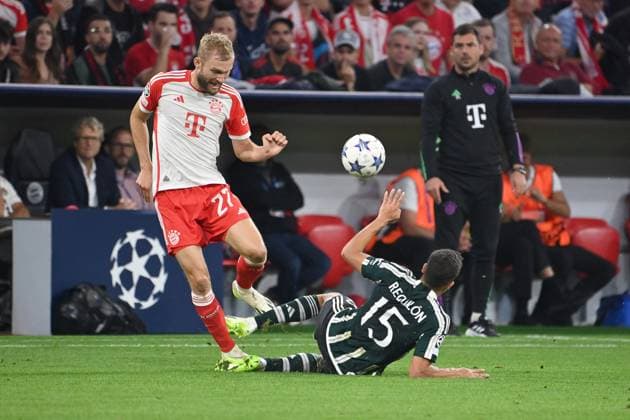 Konrad LAIMER Bayern Muenchen , action,duel against Sergio REGUILON Manchester United Football Champions League group stage 1 matchday FC Bayern Muenchen Manchester United ManU 4 3 on 20 09 2023, A L L I A N Z A R E N A