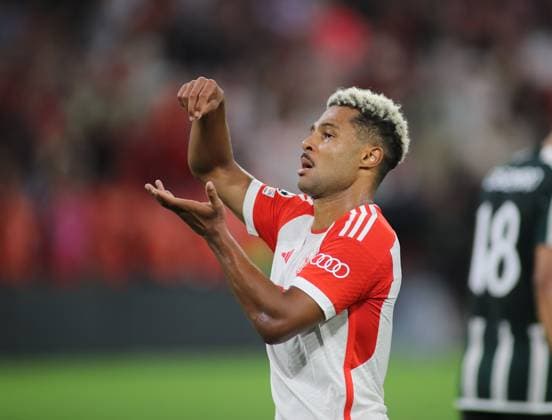 Munich, Germany 20 September 2023 football, men, Champions League, 1 matchday, season 2023 2024, FC Bayern Munich Manchester United, Allianz Arena 2 0 by Serge Gnabry FC Bayern Munich , goal celebration, gesture, hand, hand motion