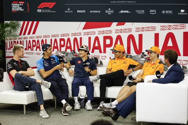 HULKENBERG Nico (ger), Haas F1 Team VF-23 Ferrari, portrait ALBON Alexander (tha), Williams Racing FW45, portrait TSUNODA Yuki (jap), Scuderia AlphaTauri AT04, portrait NORRIS Lando (gbr), McLaren F1 Team MCL60, portrait PIASTRI Oscar (aus), McLaren F1 Team MCL60, portrait press conference, PK, Pressekonferenz during the 2023 Formula 1 Lenovo Japanese Grand Prix, 16th round of the 2023 Formula One World Championship, WM, Weltmeisterschaft from September 22 to 24, 2023 on the Suzuka International Racing Course, in Suzuka - F1 - JAPANESE GRAND PRIX 2023 DPPI Panoramic 00123036__R3_1993