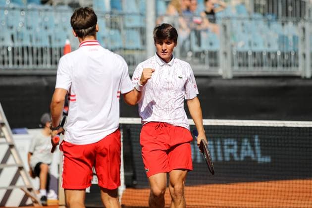 TENNIS - ATP, Tennis Herren Layjet Open BAD WALTERSDORF,AUSTRIA,21.SEP.23 - TENNIS - ATP Challenger Tour, Layjet Open. Image shows the rejoicing of Ivan Sabanov and Matej Sabanov (SRB).  GEPAxpictures xMaticxKlansek