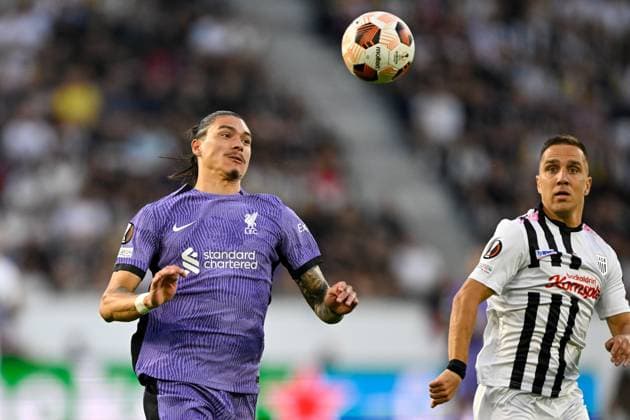 SOCCER - UEFA EL, LASK vs Liverpool LINZ,AUSTRIA,21.SEP.23 - SOCCER - UEFA Europa League, group stage, Linzer ASK vs Liverpool FC. Image shows Darwin Nunez (Liverpool) and Branko Jovicic (LASK).  GEPAxpictures xDanielxSchoenherr