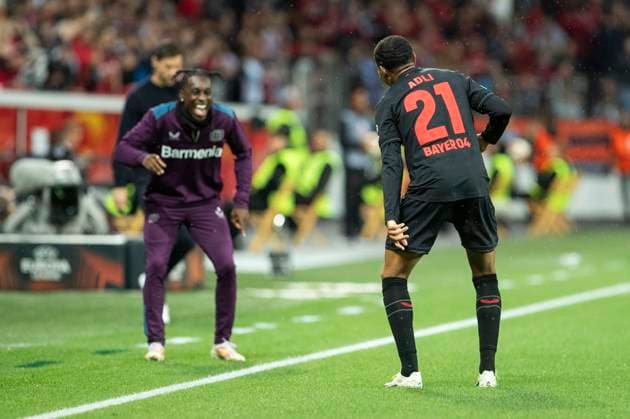 UEFA Europa League, Bayer Leverkusen BK Haecken, 21 09 2023 Amine ADLI Bayer 04 Leverkusen, 21 and Jeremie FRIMPONG Bayer 04 Leverkusen, 30 celebrate the goal to 2 0, UEFA Europa League, Bayer 04 Leverkusen BK Haecken, 1 group match, on 21 09 2023, BayArena, Leverkusen DFL regulations prohibit any use of photographs as image sequences and or quasi video Copyright: xBEAUTIFULxSPORTS Meuselx