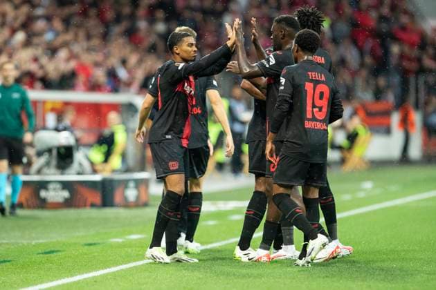 UEFA Europa League, Bayer Leverkusen BK Haecken, 21 09 2023 Cheering after goal by Amine ADLI Bayer 04 Leverkusen, 21 , UEFA Europa League, Bayer 04 Leverkusen BK Haecken, 1 group match, on 21 09 2023, BayArena, Leverkusen DFL regulations prohibit any use of photographs as image sequences and or quasi video Copyright: xBEAUTIFULxSPORTS Meuselx