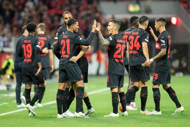 UEFA Europa League, Bayer Leverkusen BK Haecken, 21 09 2023 Cheering after goal by Amine ADLI Bayer 04 Leverkusen, 21 , UEFA Europa League, Bayer 04 Leverkusen BK Haecken, 1 group match, on 21 09 2023, BayArena, Leverkusen DFL regulations prohibit any use of photographs as image sequences and or quasi video Copyright: xBEAUTIFULxSPORTS Meuselx