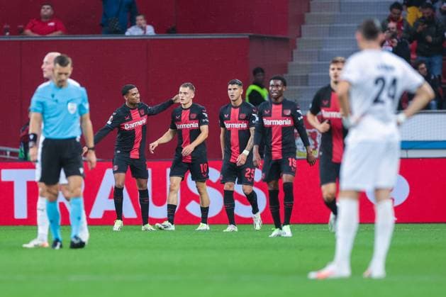 21 09 2023, Football, 2023 2024 season, UEFA Europa League, Group stage, Matchday 1, Bayer 04 Leverkusen BK Häcken, Bayer Leverkusen players celebrate the goal to 1 0 by Florian Wirtz Bayer 04 Leverkusen , Leverkusen BayArena NRW Germany xRHR PHOTO DEx Copyright: TeresaxKröger RHR-FOTOx RHR-FOTO DE