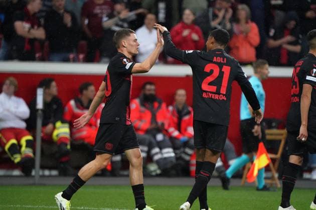 Football, UEFA Europa League 2023 2024, group stage , group H, matchday 1, Bayer 04 Leverkusen BK Häcken, 21 09 2023, Bayarena Leverkusen, Florian Wirtz, amine adli, beie Bayer 04 Leverkusen, jubilate