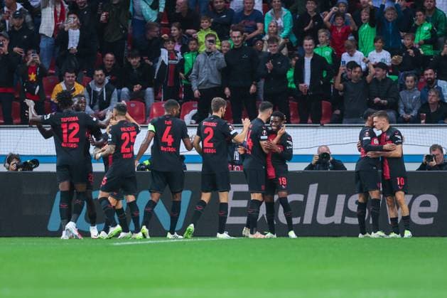 21 09 2023, Football, 2023 2024 season, UEFA Europa League, Group stage, Matchday 1, Bayer 04 Leverkusen BK Häcken, Bayer Leverkusen players celebrate the goal to 1 0 by Florian Wirtz Bayer 04 Leverkusen , Leverkusen BayArena NRW Germany xRHR PHOTO DEx Copyright: TeresaxKröger RHR-FOTOx RHR-FOTO DE